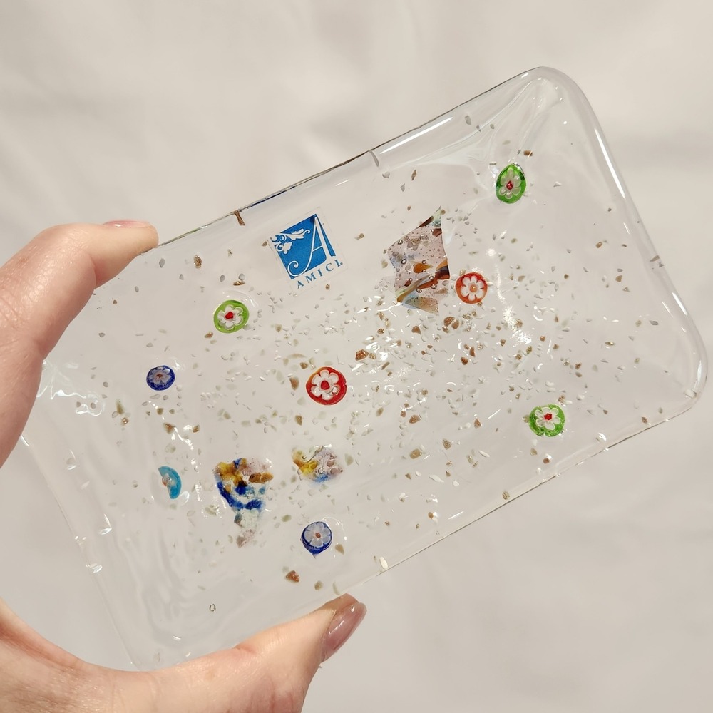 Amici Fused‎ Clear Glass Small Trinket Dish Plate Colorful Millefiori 5.5"x3.25"